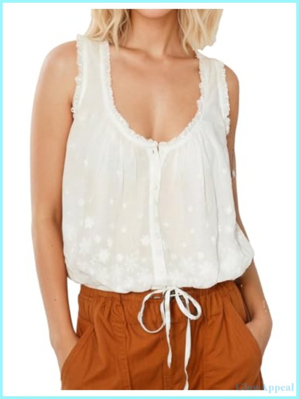 Boho Embroidered Tank Top Button Front Sleeveless Summer Cami